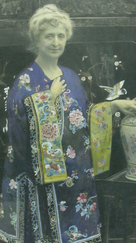 A tinted photograph of Clarissa Margaret 'Clara' Boehmer, Agatha Christie's mother, wearing a Chinese blue silk jacket.